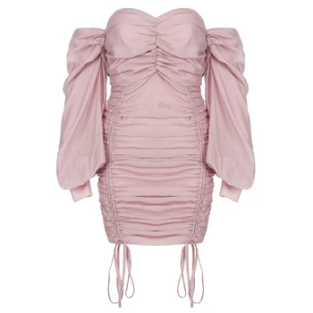2020 Naujas Off Pečių Mini Suknelė Priekyje, Raišteliu Seksualus Velniop Kaklo, Ilgomis Rankovėmis Moterims Rožinė
