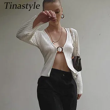Tinastyle vientisos Baltos Briaunoti Seksuali Moteris Tshirts Giliai V-Kaklo, ilgomis Rankovėmis Trumpą Pasėlių Viršų Mados Slim Kalėdų Femme T-shirts y2k