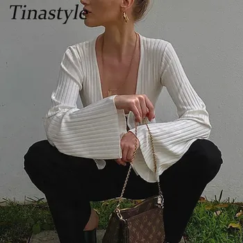 Tinastyle vientisos Baltos Briaunoti Seksuali Moteris Tshirts Giliai V-Kaklo, ilgomis Rankovėmis Trumpą Pasėlių Viršų Mados Slim Kalėdų Femme T-shirts y2k