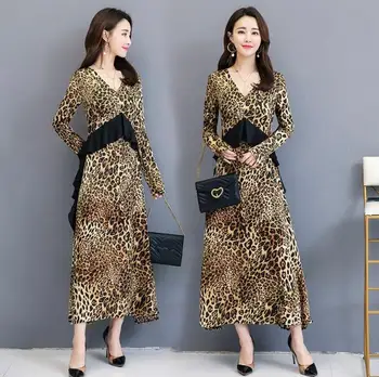 Pavasario Leopard Suknelė Moterims, Moteriška Suknelė Vestido De Festa Skraiste Femme Vestido Longo Vestidos Marškinėliai, Suknelės Moterų Suknelės