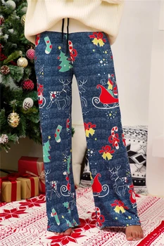 Naujas Mados Moterų Nežiūriu Medvilnės Kelnės Kalėdų Atsitiktinis Pajama Kelnės, Raišteliu Palazzo Lounge Pločio Kojų Kelnės Kalėdos