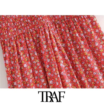 TRAF Moterų Elegantiškos Mados Gėlių Spausdinti Smocked Midi Suknelė Vintage Aikštėje Apykaklės Sluoksniuotos Rankovėmis Moterų Suknelės, Vestidos