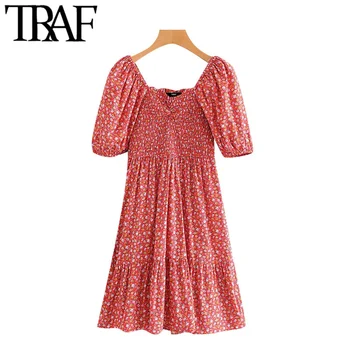 TRAF Moterų Elegantiškos Mados Gėlių Spausdinti Smocked Midi Suknelė Vintage Aikštėje Apykaklės Sluoksniuotos Rankovėmis Moterų Suknelės, Vestidos