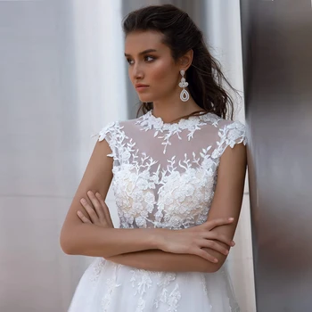 Klasikinis Tiulio Vestuvių Suknelės 2021 Iliuzija, O-Kaklo Bžūp Rankovėmis Aplikacijos Duobute Vestuvinės Suknelės Vestido De Novia su Mygtukais