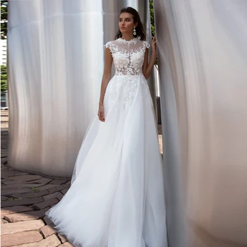 Klasikinis Tiulio Vestuvių Suknelės 2021 Iliuzija, O-Kaklo Bžūp Rankovėmis Aplikacijos Duobute Vestuvinės Suknelės Vestido De Novia su Mygtukais