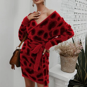 Moterys Žiemą, Rudenį Leopard Print Suknelė Elegantiškas, Seksualus Aukšto Juosmens Megzti Moterų Mados Long Sleeve V-Kaklo Megztinis Suknelė su Diržu