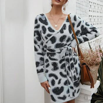Moterys Žiemą, Rudenį Leopard Print Suknelė Elegantiškas, Seksualus Aukšto Juosmens Megzti Moterų Mados Long Sleeve V-Kaklo Megztinis Suknelė su Diržu