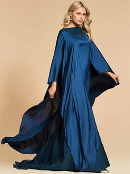 Mėlyna Vakarines Sukneles Moterims Duobute Individualų Grindų Ilgis Ilgomis Rankovėmis Satino Šifono, Elegantiškas-Line Oficialų Šalis Suknelė