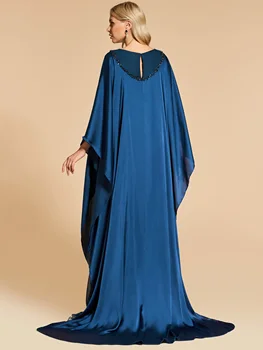Mėlyna Vakarines Sukneles Moterims Duobute Individualų Grindų Ilgis Ilgomis Rankovėmis Satino Šifono, Elegantiškas-Line Oficialų Šalis Suknelė