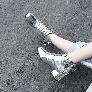 Karinluna Mados Prekės ženklo moteris batai Patentų Metalo Apdailos Kirsti-susieta Aikštėje Stori Kulnai Kulkšnies Moterų Rudens Batai