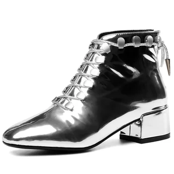 Karinluna Mados Prekės ženklo moteris batai Patentų Metalo Apdailos Kirsti-susieta Aikštėje Stori Kulnai Kulkšnies Moterų Rudens Batai