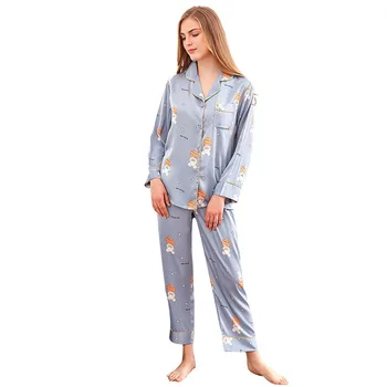 Atsitiktinis Moterų 2VNT Pižama Kostiumas Sleepwear Satino Spausdinti Intymus apatinis Trikotažas Marškinėliai&Kelnes 2021 Naujų Namų Rūbų, Pižamą naktiniai drabužiai