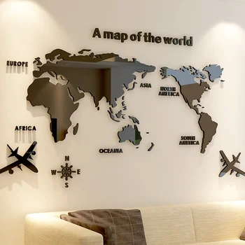 Pasaulio žemėlapyje Akrilo 3D kietų kristalų miegamojo sienos su gyvenamasis kambarys klasėje lipdukai biuro dekoravimo idėjos