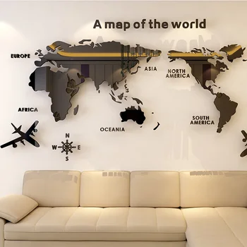 Pasaulio žemėlapyje Akrilo 3D kietų kristalų miegamojo sienos su gyvenamasis kambarys klasėje lipdukai biuro dekoravimo idėjos