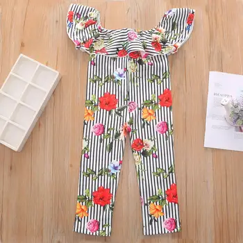 R&Z vaikų kostiumas 2019 ins vasarą naujų mergaičių spausdinti jumpsuit vaikų dryžuotas gėlių vamzdžio viršaus jumpsuit žodis apykaklės drabužiai