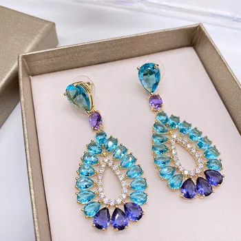 Europos ir Amerikos prabangos mėlynas kristalas brangakmenio lašas auskarai auskarai, vestuviniai auskarai auskarai moterų pilna deimantų kristalų g