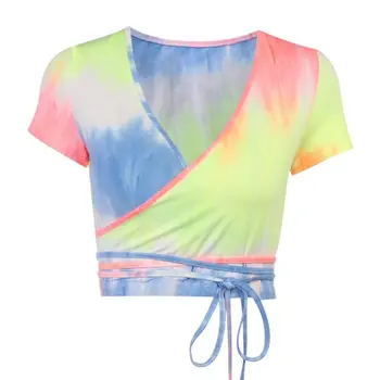 Moterų Trumpomis Rankovėmis Wrap V-Kaklo Derliaus Viršuje Neon Tie Dažai Spausdinti Kaklaraištis-Iki Slim T-Shirt Naujas 2020 M.