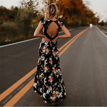 Moterų Boho Backless Nereguliarus Gėlių Spausdinti Suknelė 2021 M. Vasarą Giliai V Apdaila Ilgai Nėrinių Maxi Suknelės Atvira Nugara Šalis Vestidos