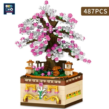 487Pcs Vyšnių Medžiai Visiškai Rozkwitnie Music Box Blokai Vaikų Sakura Techninės Plytų Modelio Rinkinio Žaislai Mergina Dovana