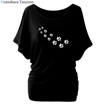2020 Šuo, Katė Paw Širdį Plius Dydis Moterų Drabužiai Mados womanT-shirt Batwing Rankovės Moterų Ilgas, Atsitiktinis Marškinėliai, Topai Femme