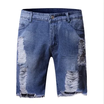 Vasarą vyrai medvilnės mėlyna vidurio juosmens užtrauktukas kišenė mados skylę atsitiktinis džinsinio šortai vyrams tiesaus kelio ilgis džinsai
